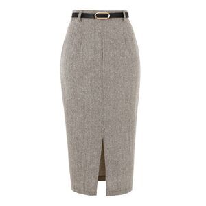 Women's Midi Pencil Skirt Fall Winter Slit Office Skirts with Belt Coffee